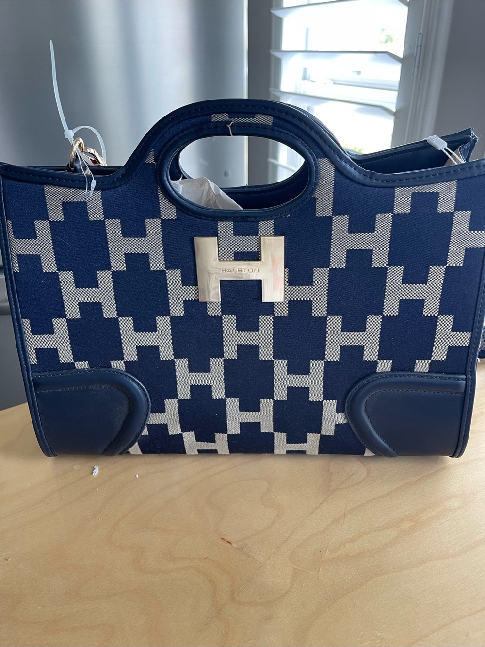 Halston Heritage Navy and Cream Geometric Jacquard Tote